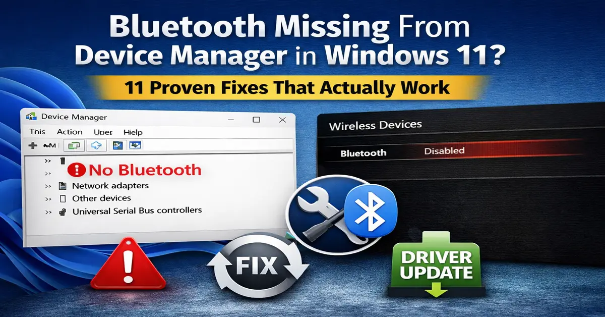 Bluetooth missing from Device Manager in Windows 11 showing no Bluetooth error and driver update fix