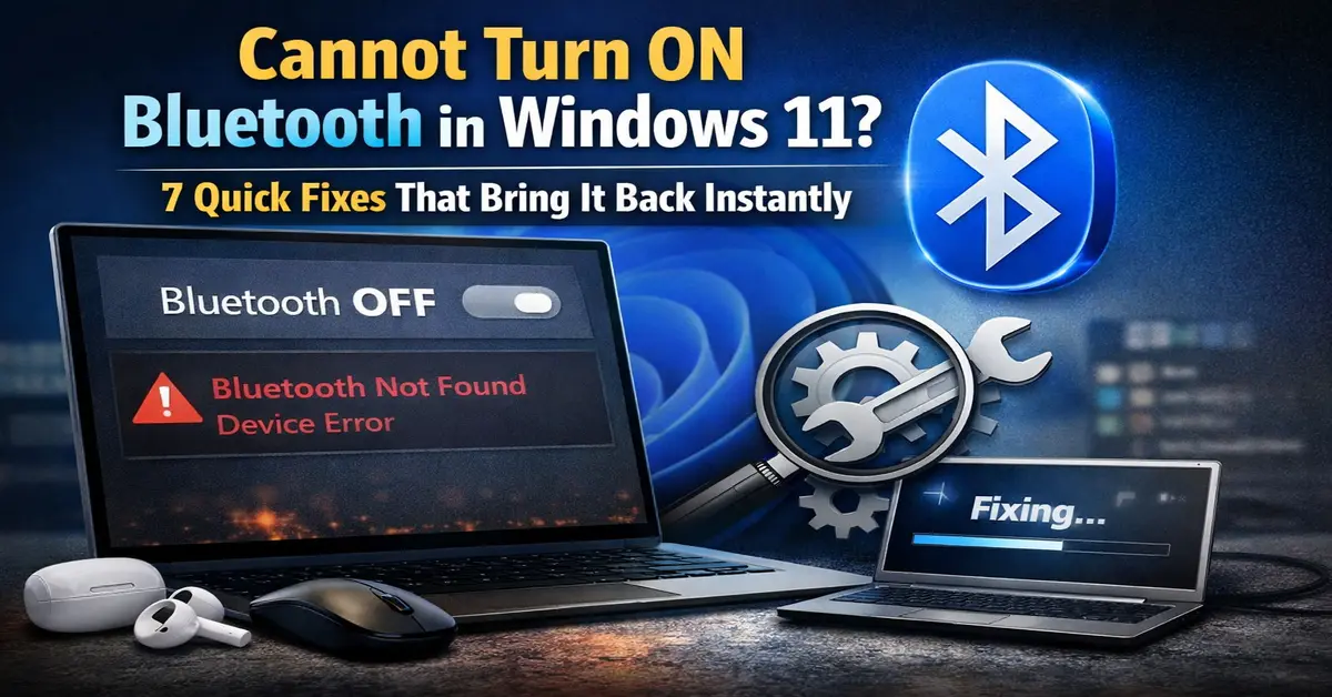 Laptop showing Bluetooth not found error in Windows 11 with quick fixes to restore missing Bluetooth toggle and reconnect wireless devices