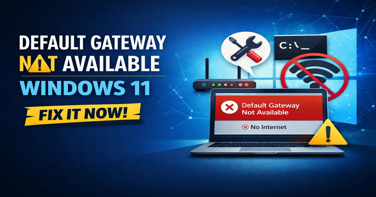 Laptop showing Default Gateway Not Available error in Windows 11 with router and WiFi troubleshooting concept