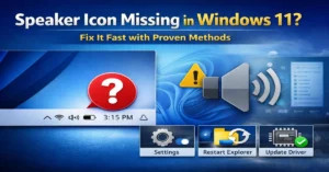 Speaker icon missing in Windows 11 taskbar with settings, restart explorer, and update audio driver fixes shown on screen