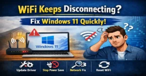 Laptop showing Windows 11 with WiFi disconnecting issue and troubleshooting steps like update driver, disable power saving, network reset