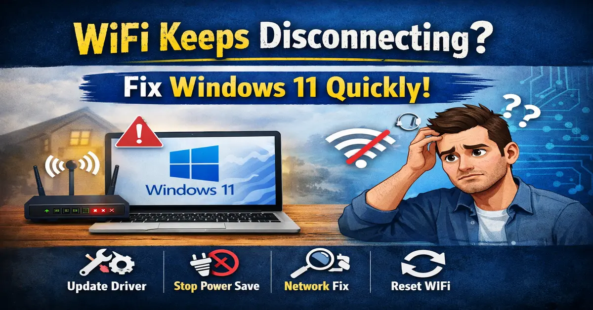 Laptop showing Windows 11 with WiFi disconnecting issue and troubleshooting steps like update driver, disable power saving, network reset