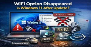 wifi option disappeared windows 11 after update – laptop showing missing WiFi toggle and network adapter fix steps