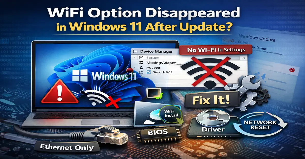 wifi option disappeared windows 11 after update – laptop showing missing WiFi toggle and network adapter fix steps
